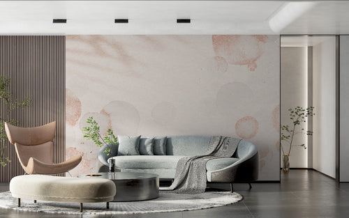 Abstract terracotta circular wallpaper in a bright modern living room with minimal furniture