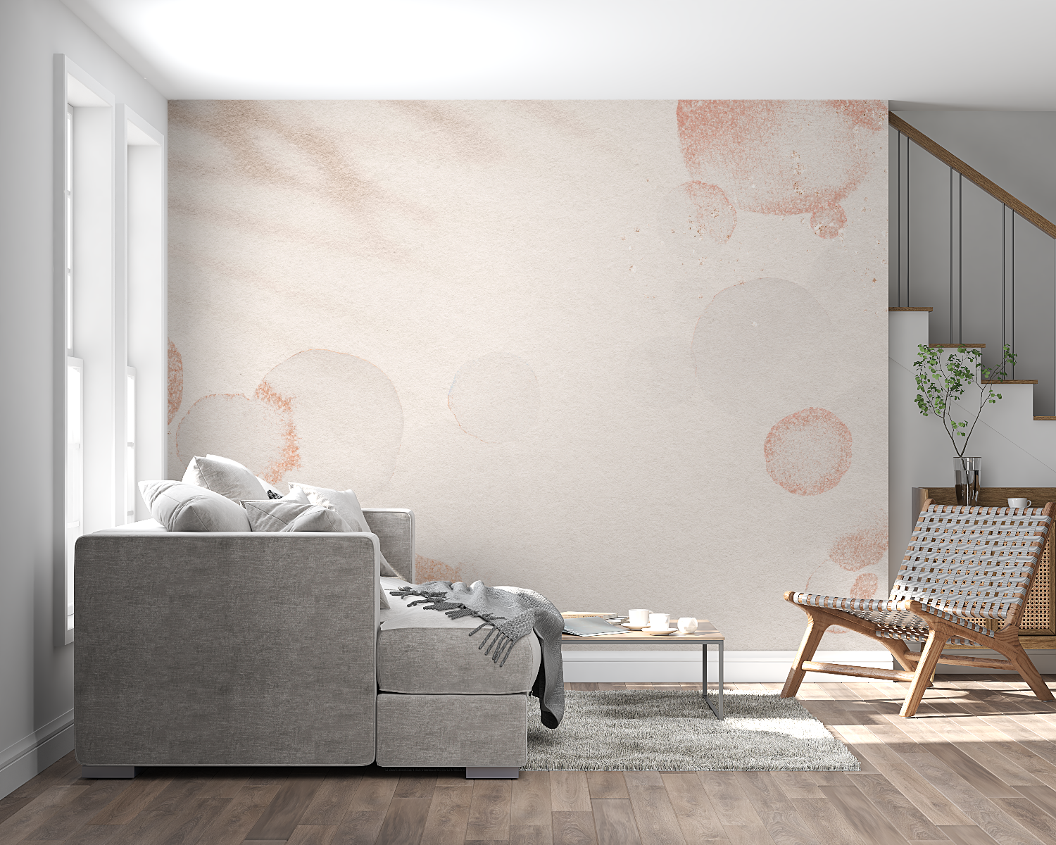 Circular pattern wall mural in a cozy bedroom setting with natural light