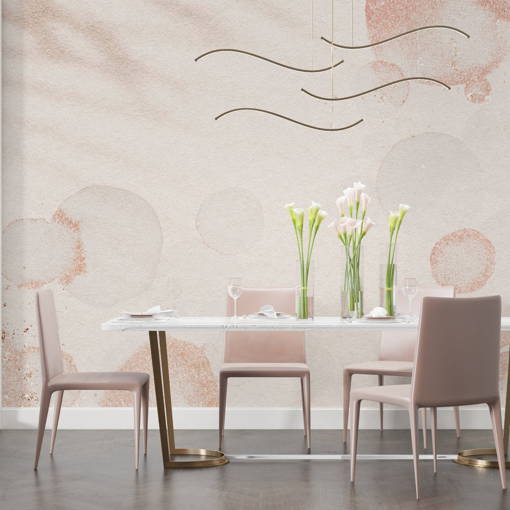 Modern circular wallpaper adding warmth to a dining room
