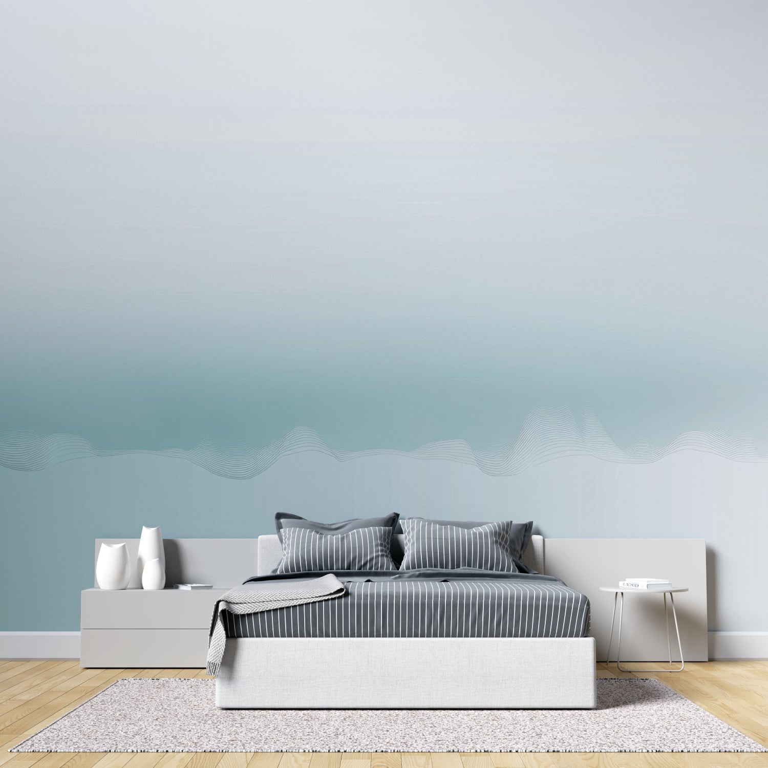 Spa-like bathroom transformed with abstract wave wallpaper