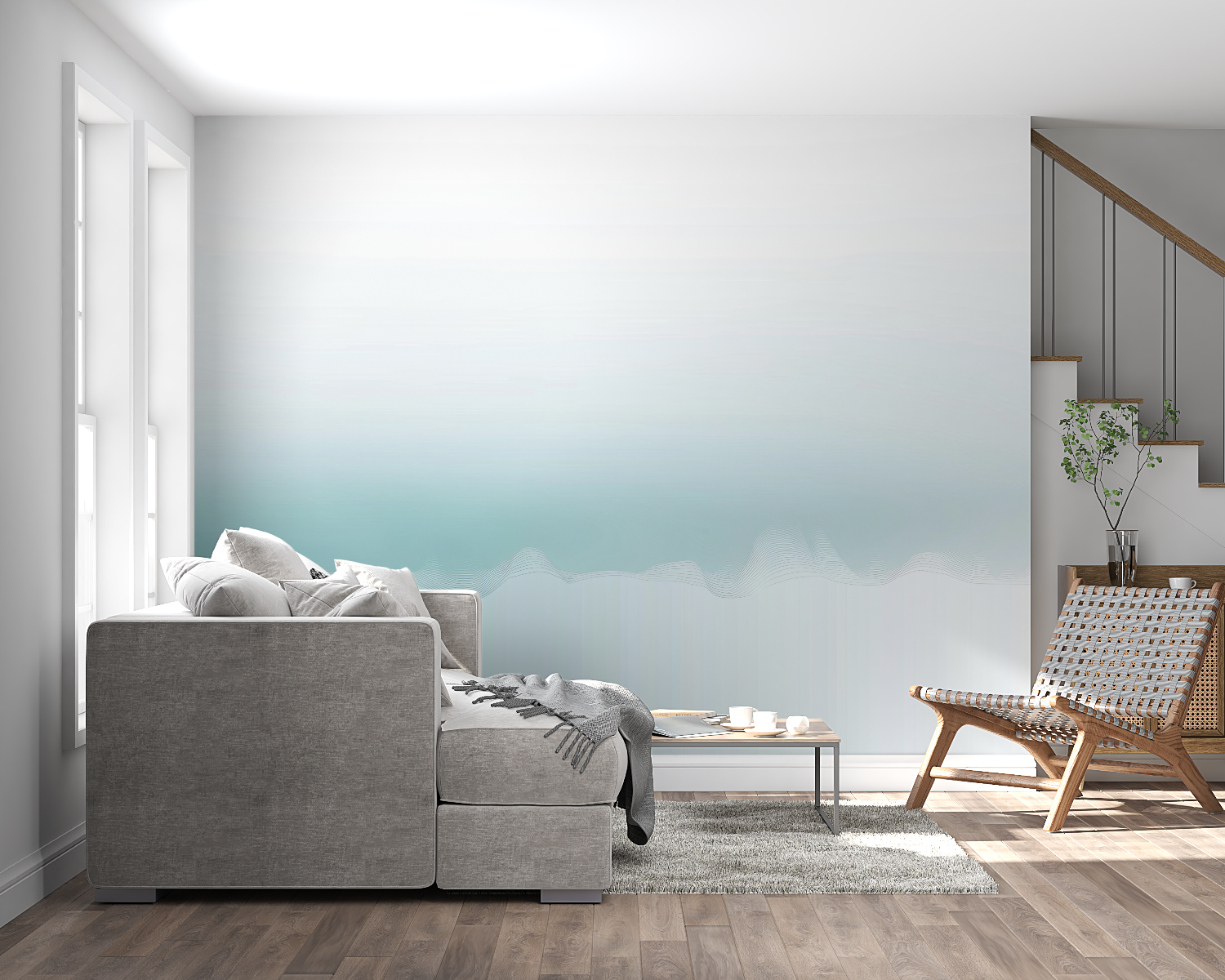 Modern dining room showcasing gentle wave pattern mural