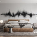 Modern black and grey Sound Wave Abstract Wallpaper creating depth in a minimalist living room setting