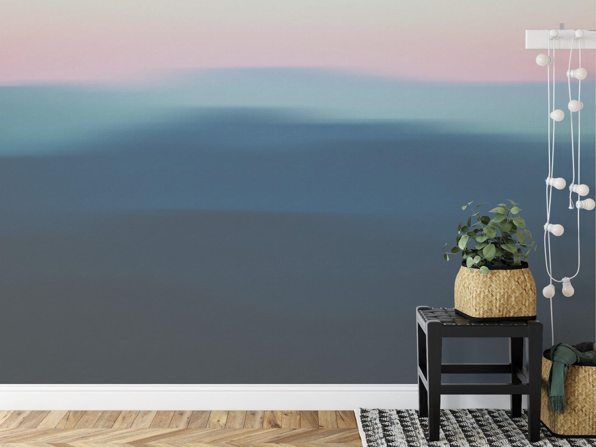 Dining room showcasing abstract hills mural wallpaper in calming gradient colors