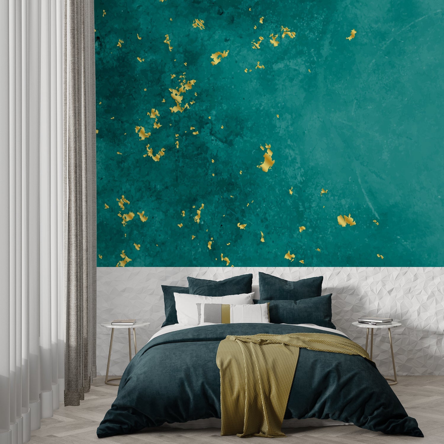 Teal and gold abstract wallpaper in modern living room with grey sofa and natural light