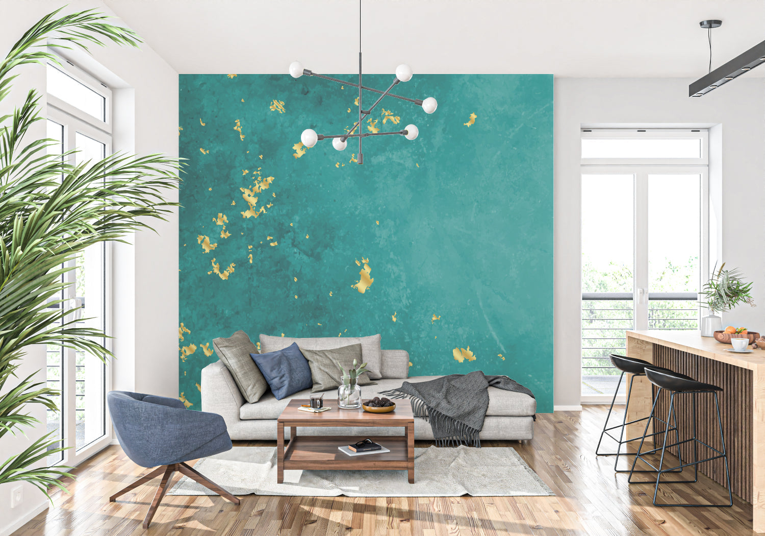 Teal gold pattern wallpaper in entrance hall with modern decor