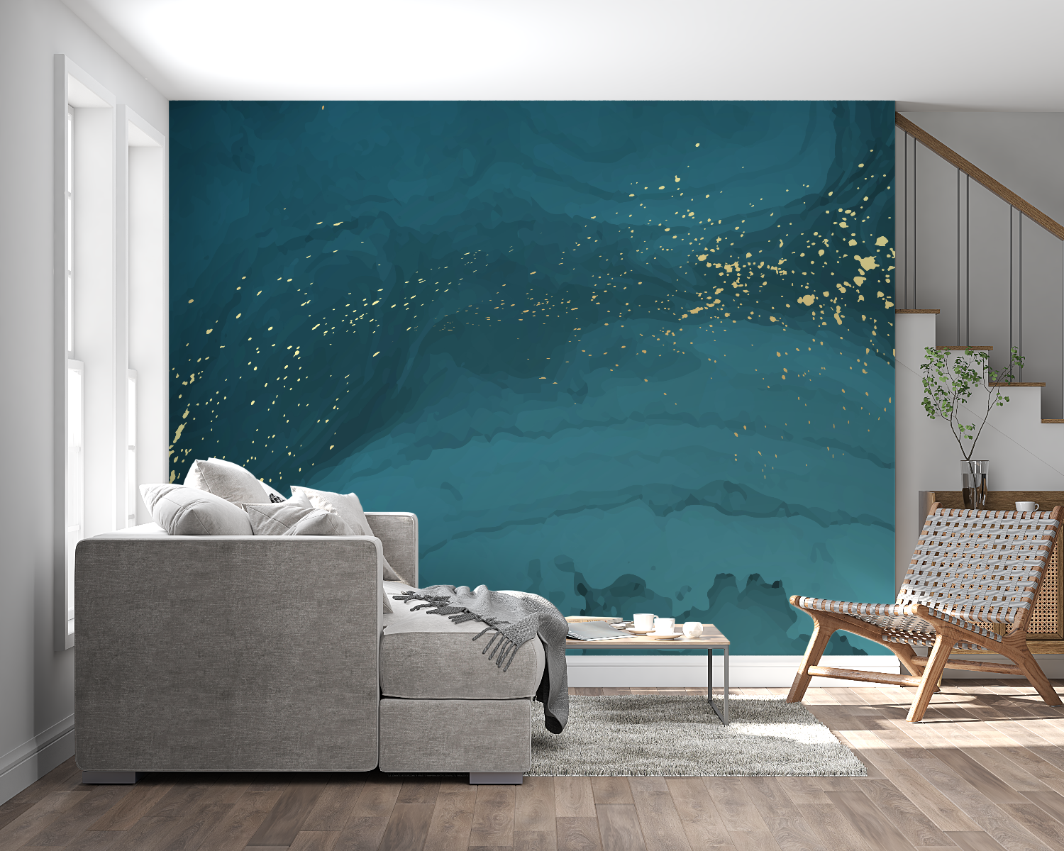 Luxury teal and gold abstract wallpaper in master bedroom with white furniture