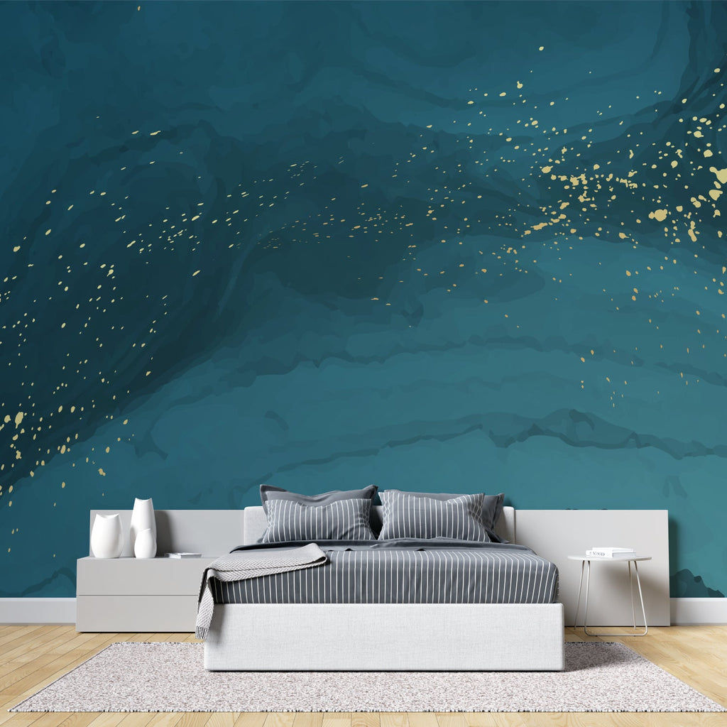 Abstract teal wallpaper with gold accents in hallway with modern lighting