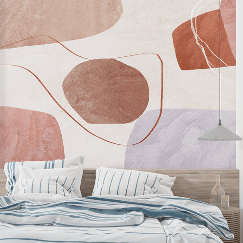 Abstract geometric wallpaper in modern living room with beige sofa and terracotta accents