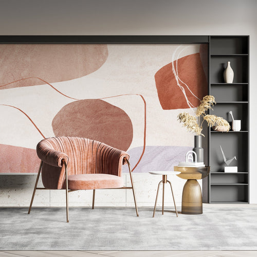 Terracotta abstract wall mural in minimalist dining room setting