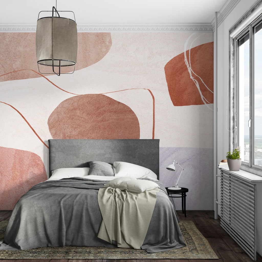 Abstract wall mural creating focal point in contemporary bedroom