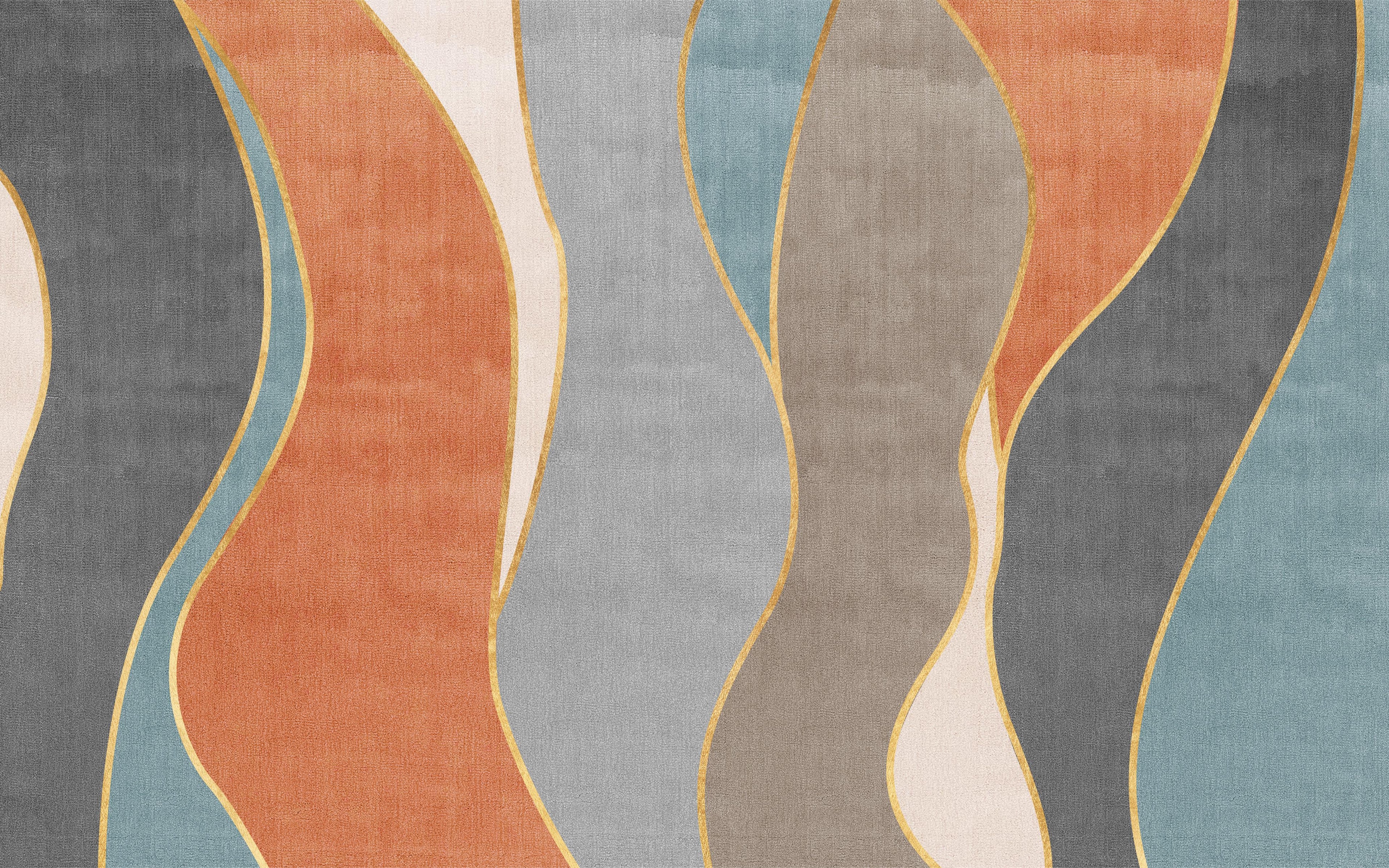 Design file showing terracotta and blue wave pattern with detailed gold line work