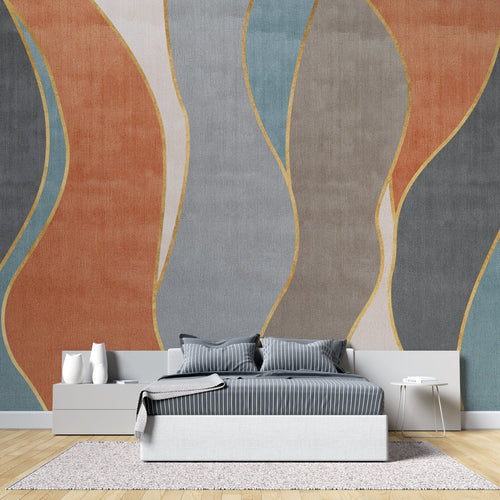 Abstract wave wallpaper with gold lines in modern living room, showing terracotta and blue tones creating depth