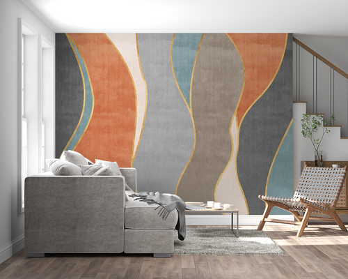 Contemporary bedroom featuring blue and terracotta abstract wave mural with metallic accents