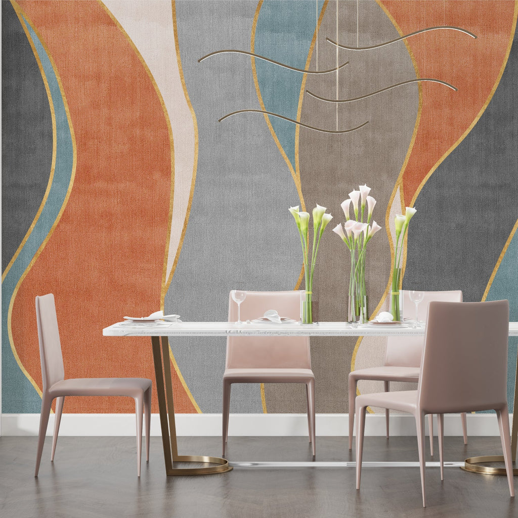 Home office with modern abstract wallpaper showing flowing waves in terracotta and blue