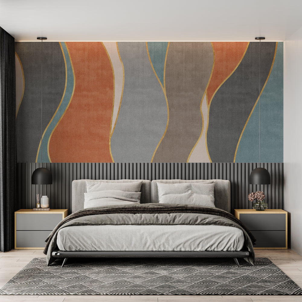 Dining room wall decorated with abstract wave pattern in terracotta and blue tones