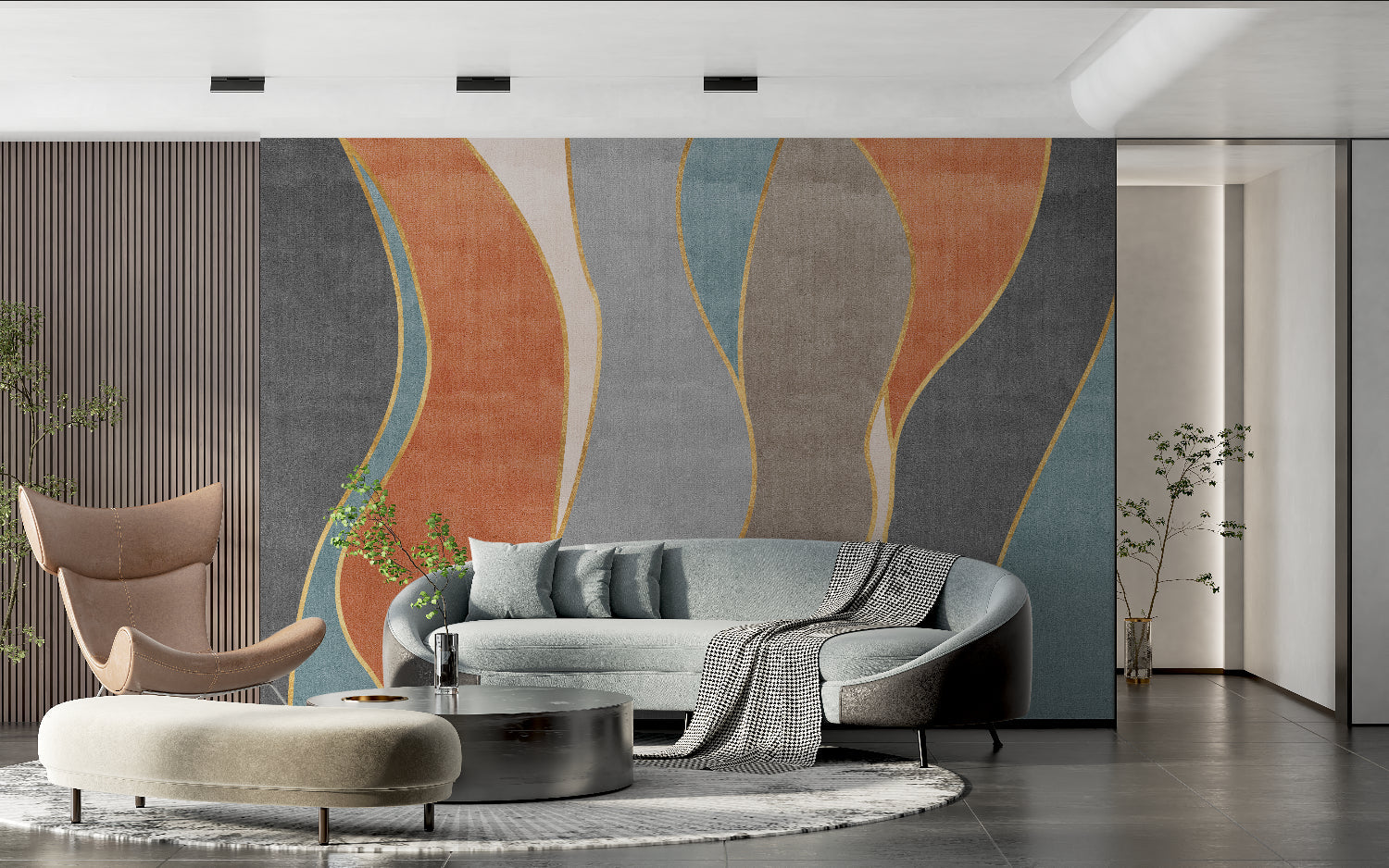 Modern hallway showcasing abstract wave mural with gold details and warm colors