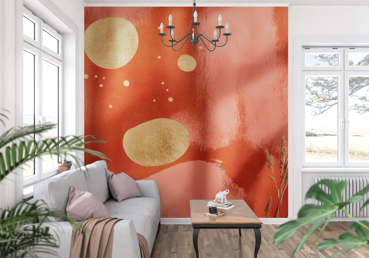 Modern abstract wallpaper with gold circles in a bright living room setting showing warm terracotta tones