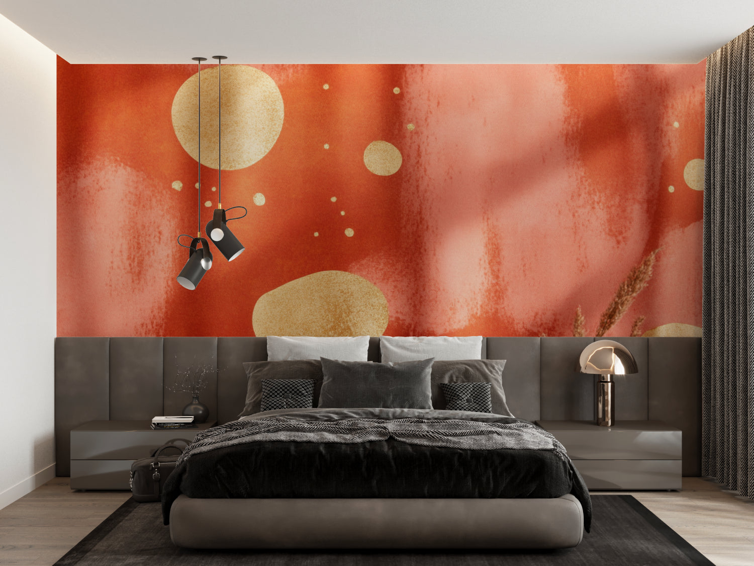 Gold circle pattern wallpaper making a statement in a master bedroom