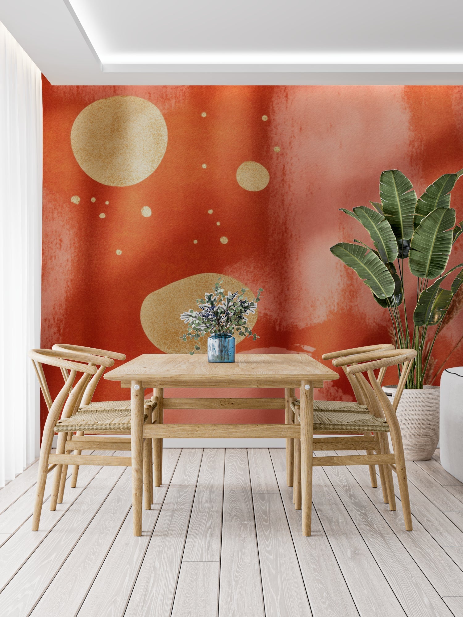 Terracotta abstract wallpaper bringing warmth to a contemporary hallway