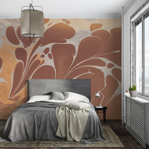Abstract terracotta wall mural transforming dining room with elegant art deco style