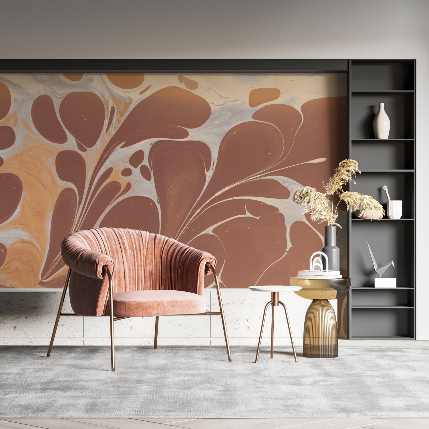 Art deco abstract wallpaper making statement in master bedroom with flowing design