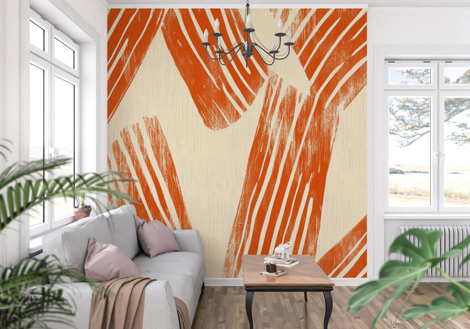 Contemporary hallway showcasing brushstroke pattern wallpaper