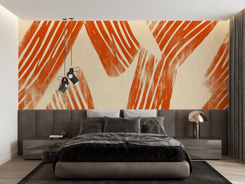 Abstract terracotta wallpaper mural styled in modern living room with grey sofa and minimal decor