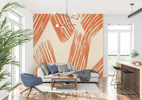Terracotta abstract wall mural in contemporary dining room with wooden furniture
