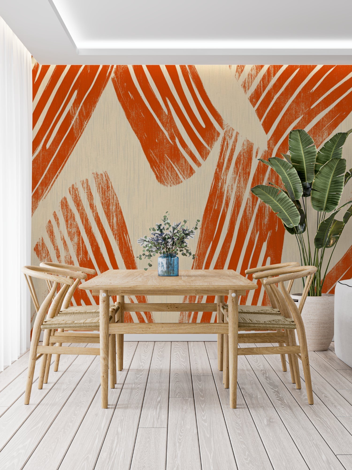 Modern brushstroke wallpaper creating statement wall in master bedroom