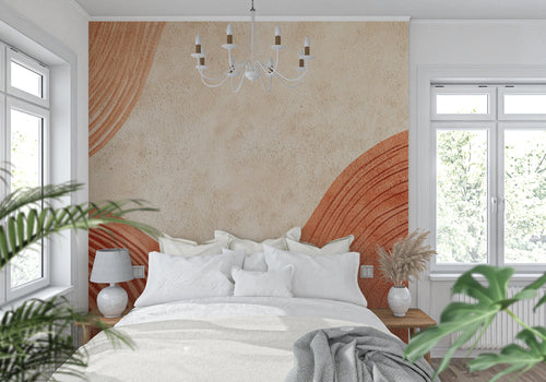 Abstract curved wallpaper in modern living room, terracotta lines creating flow against beige wall