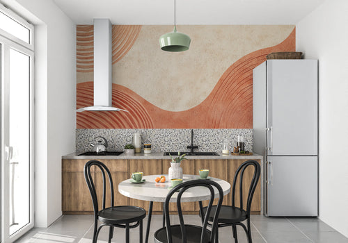 Terracotta curved line wallpaper in minimalist dining room setting