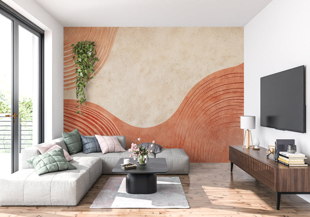 Abstract wall mural with flowing terracotta curves in home office space
