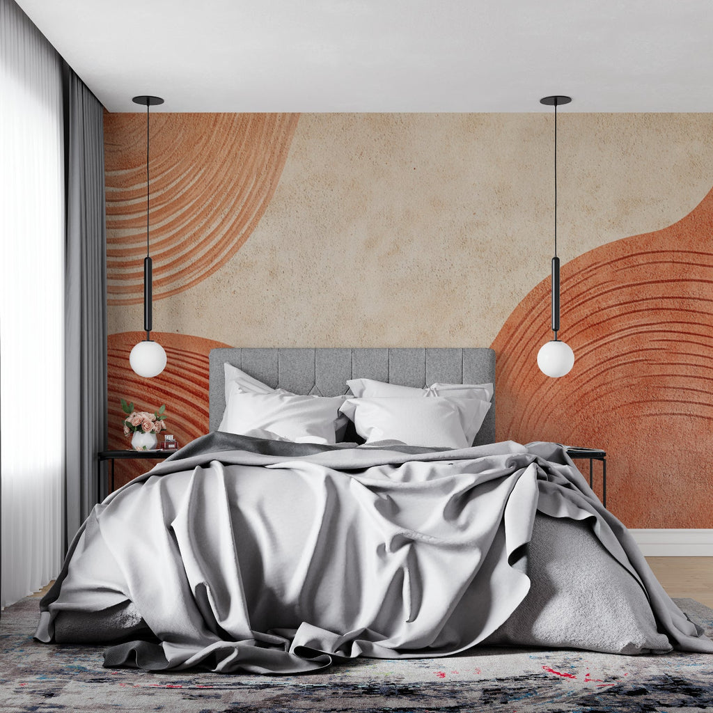 Modern bedroom featuring terracotta abstract curved wallpaper design