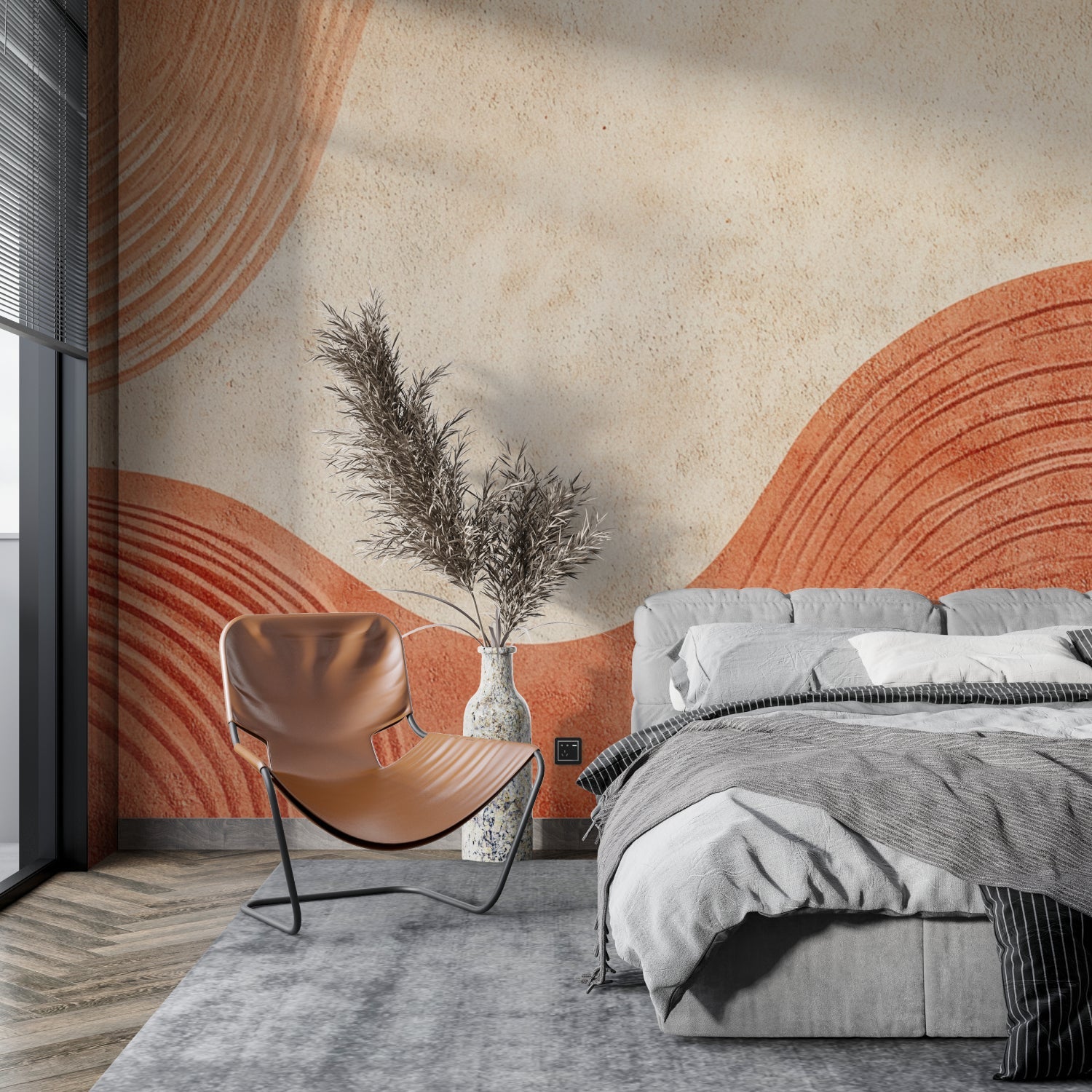 Curved line wallpaper installation in contemporary hallway