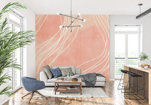 Terracotta abstract wall mural in minimalist bedroom setting