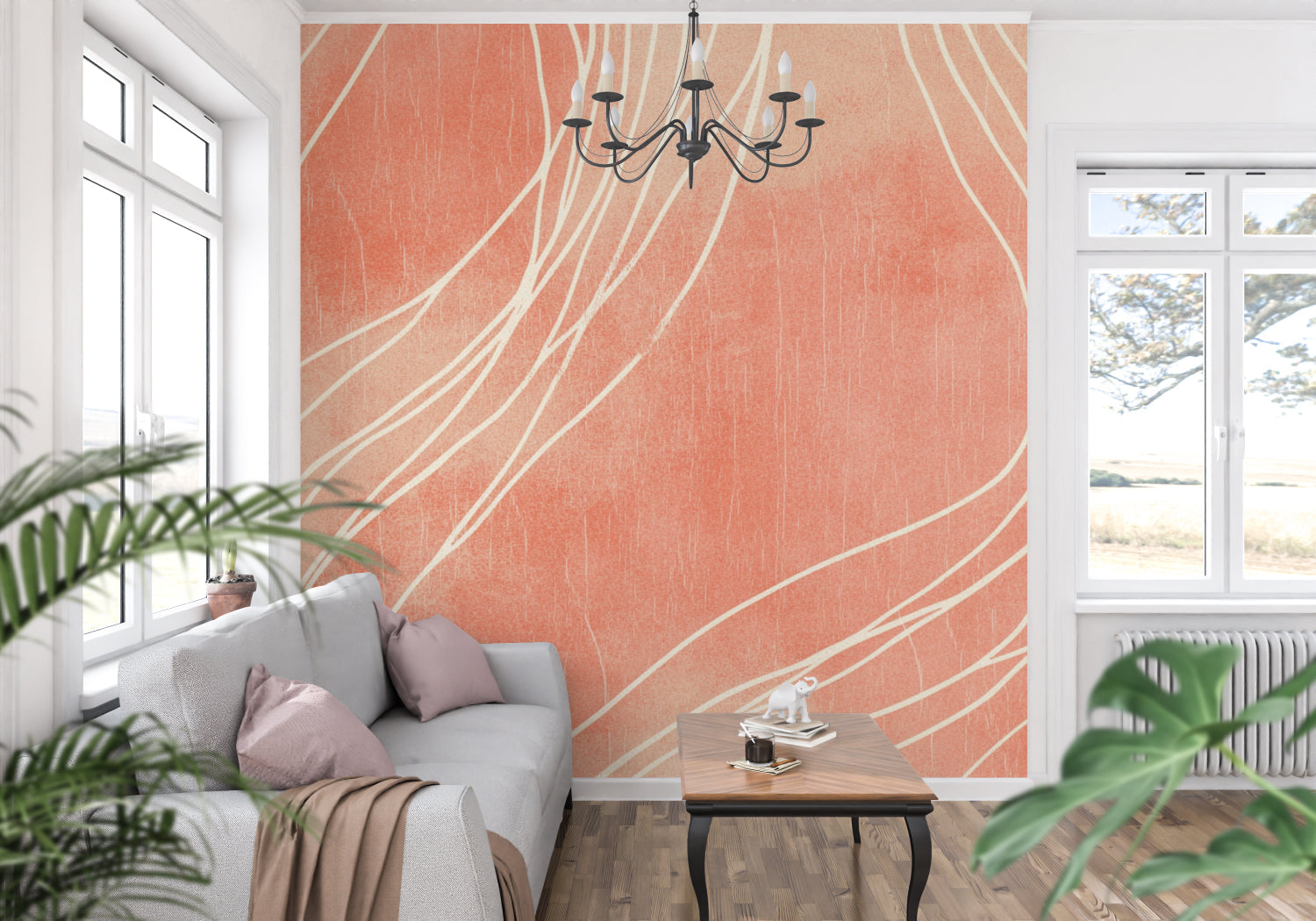 Abstract terracotta wallpaper bringing warmth to dining room