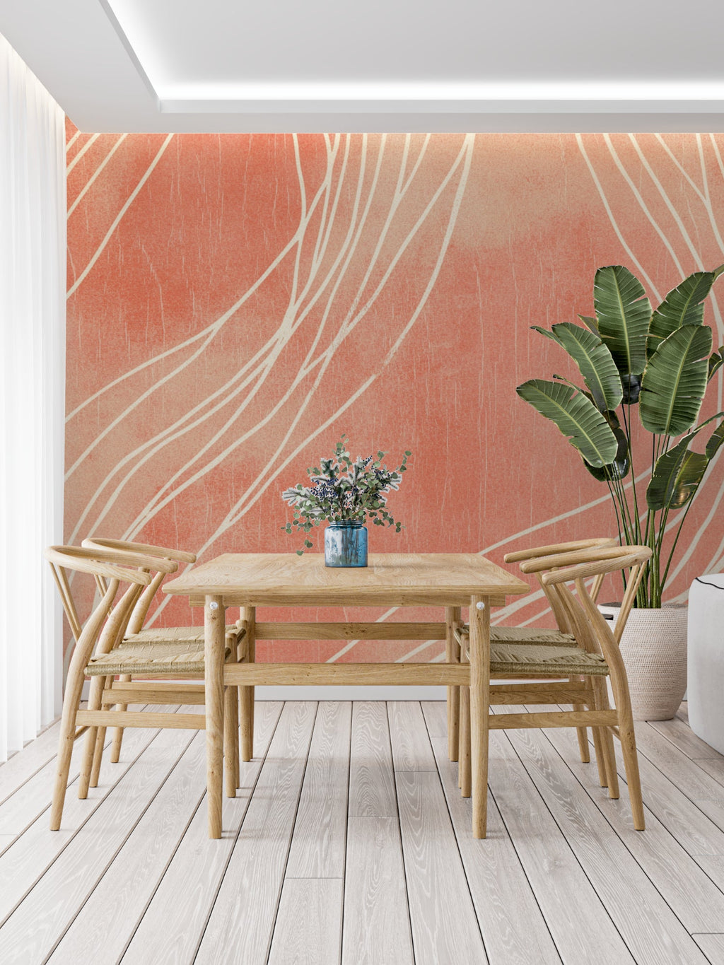 Modern line art mural in peaceful meditation space