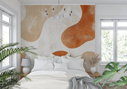 Terracotta abstract wave wallpaper in modern minimalist living room with beige sofa