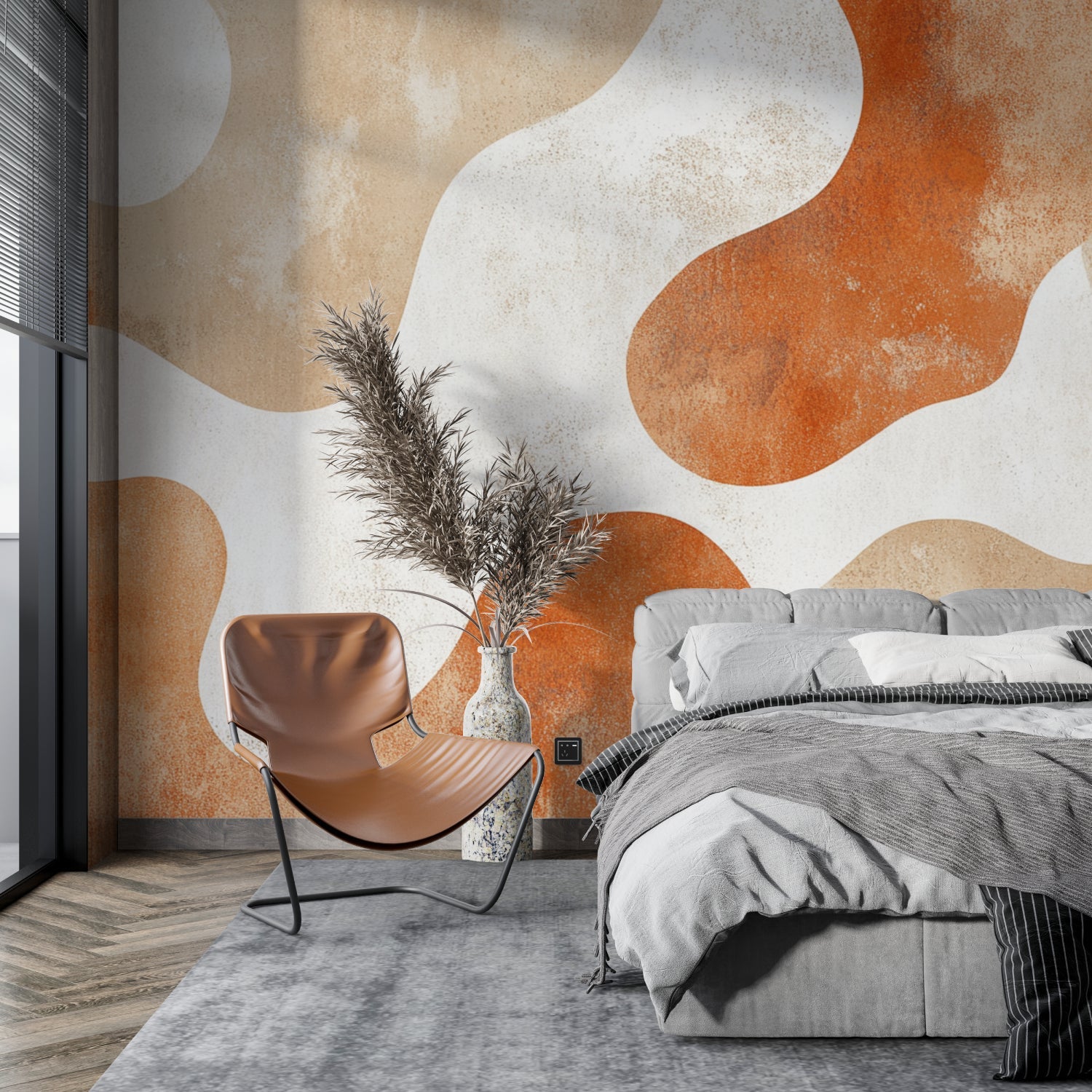 Abstract wave mural in home office with wooden desk and natural light