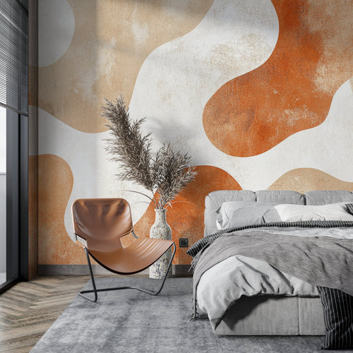 Abstract wave mural in home office with wooden desk and natural light