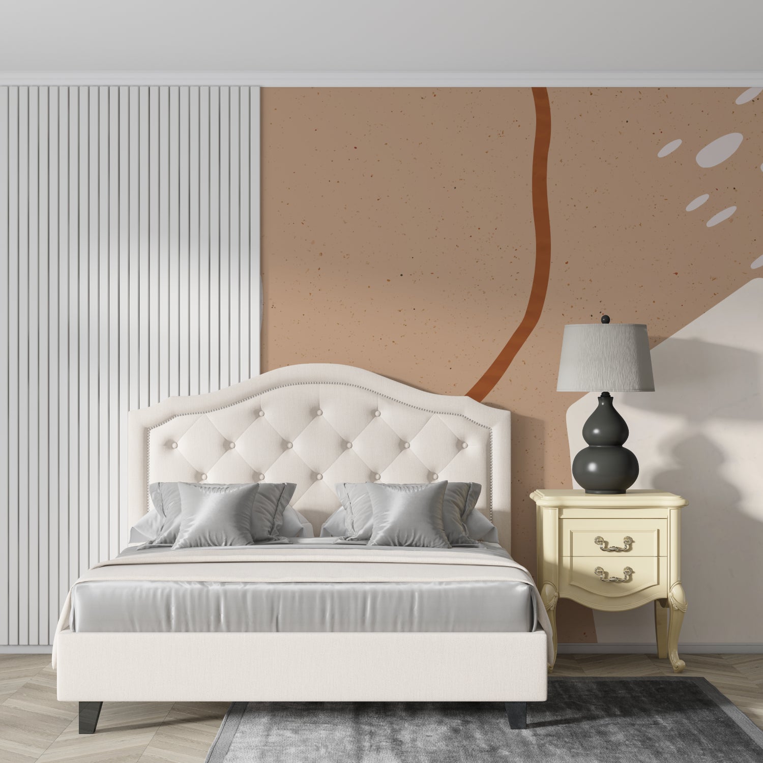 Terracotta curved wall mural creating depth in a cozy bedroom setting