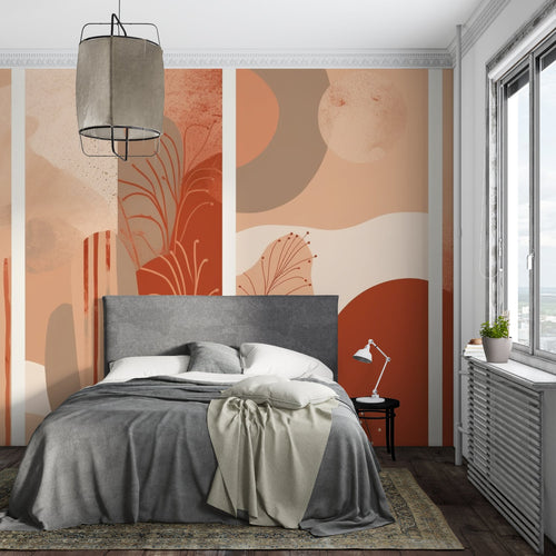 Terracotta abstract wallpaper in modern living room creating warm, inviting atmosphere with curved patterns