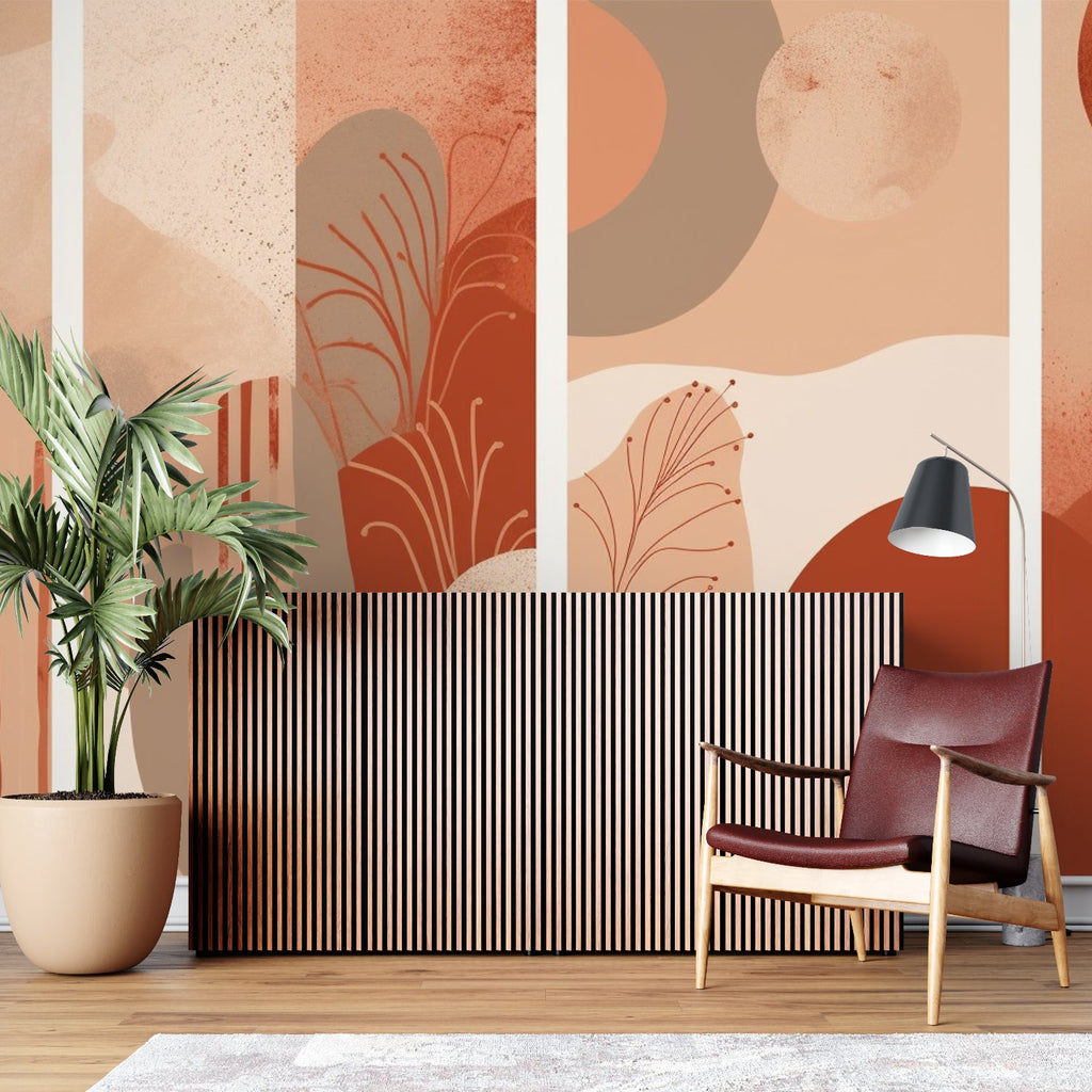 Abstract terracotta wall mural bringing natural warmth to bedroom with flowing botanical design