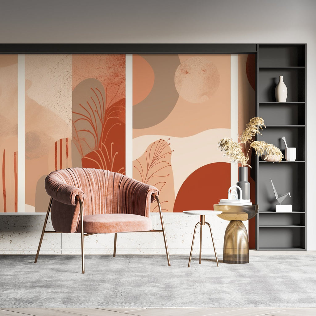 Modern abstract terracotta wallpaper in dining room with soft curves and floral elements