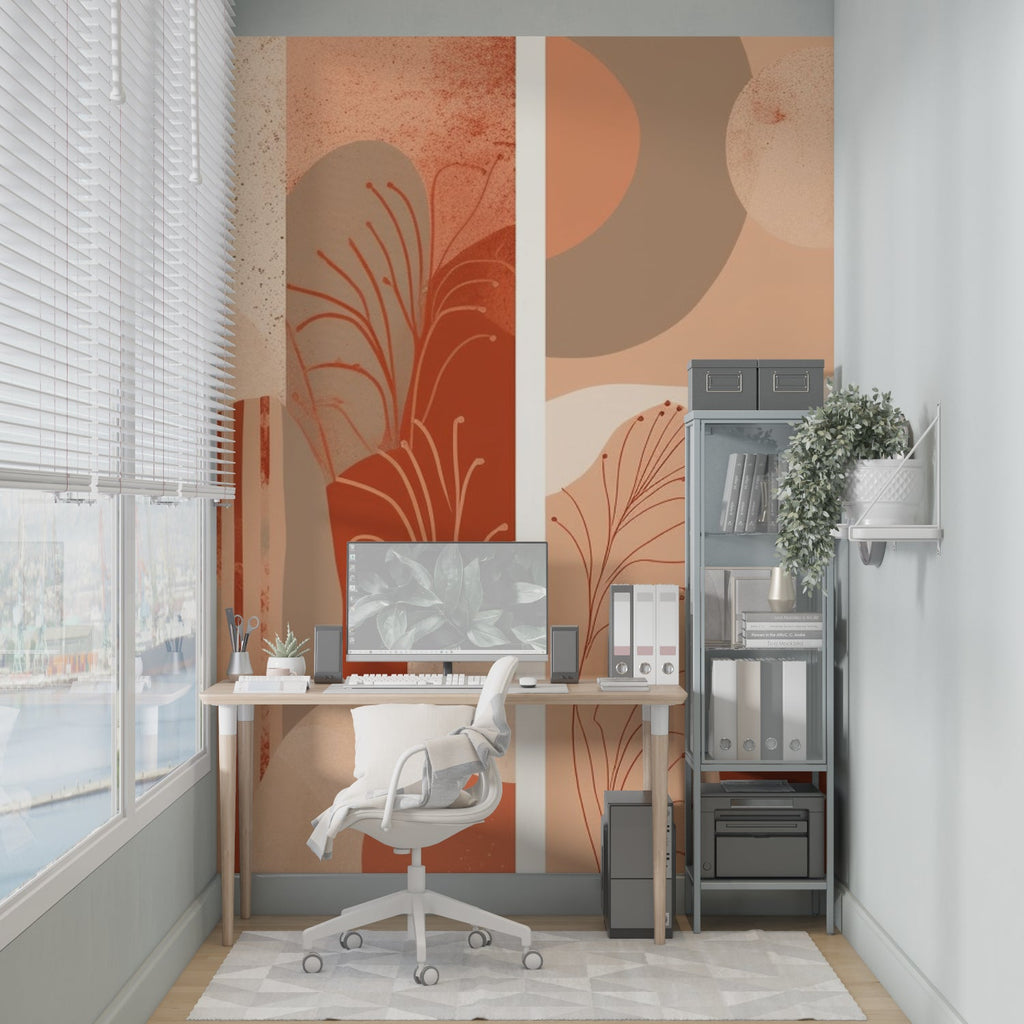 Abstract wall mural in entryway showing terracotta curves and botanical patterns