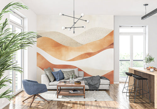 Abstract terracotta desert waves wallpaper in modern living room setting with minimal furniture