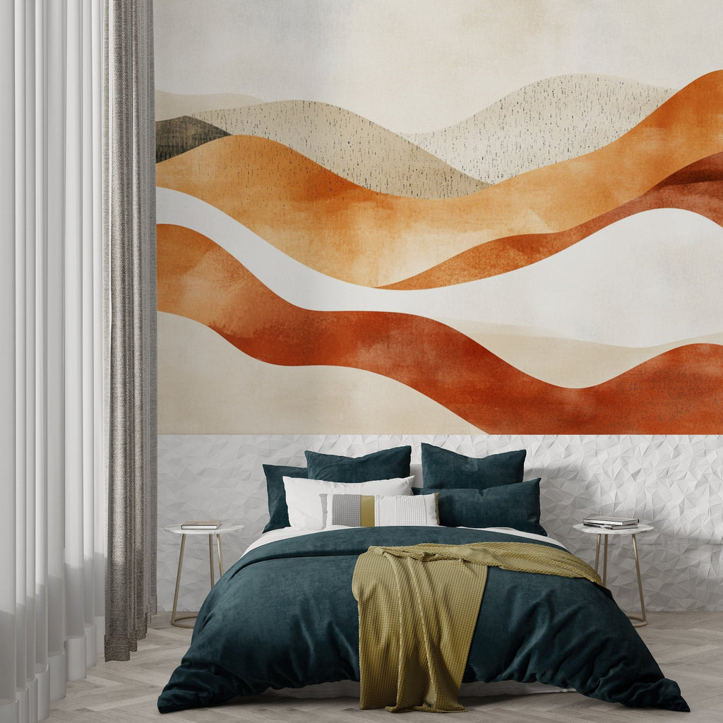 Terracotta abstract wallpaper making statement in dining room