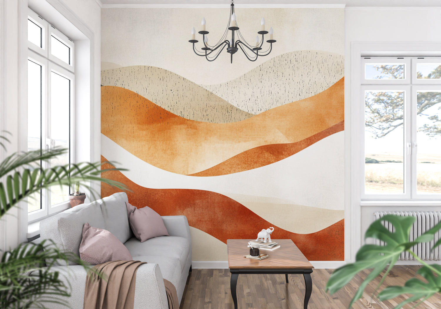 Abstract wave mural adding movement to hallway walls