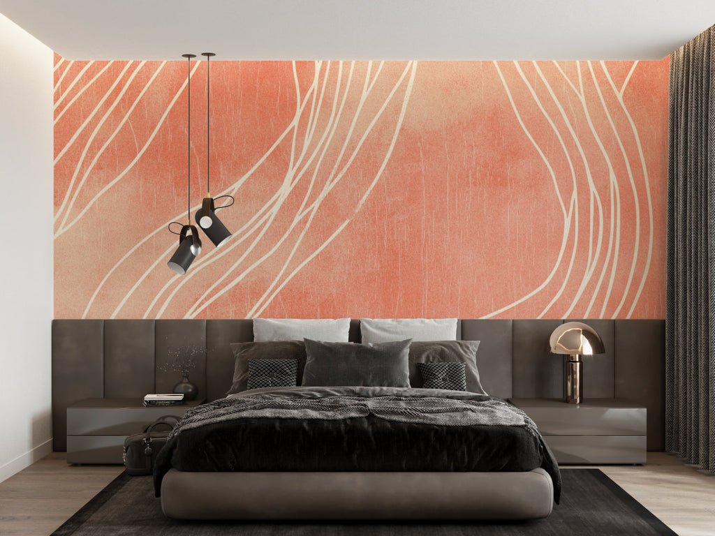 Dining room showcase of modern line art wallpaper in warm terracotta