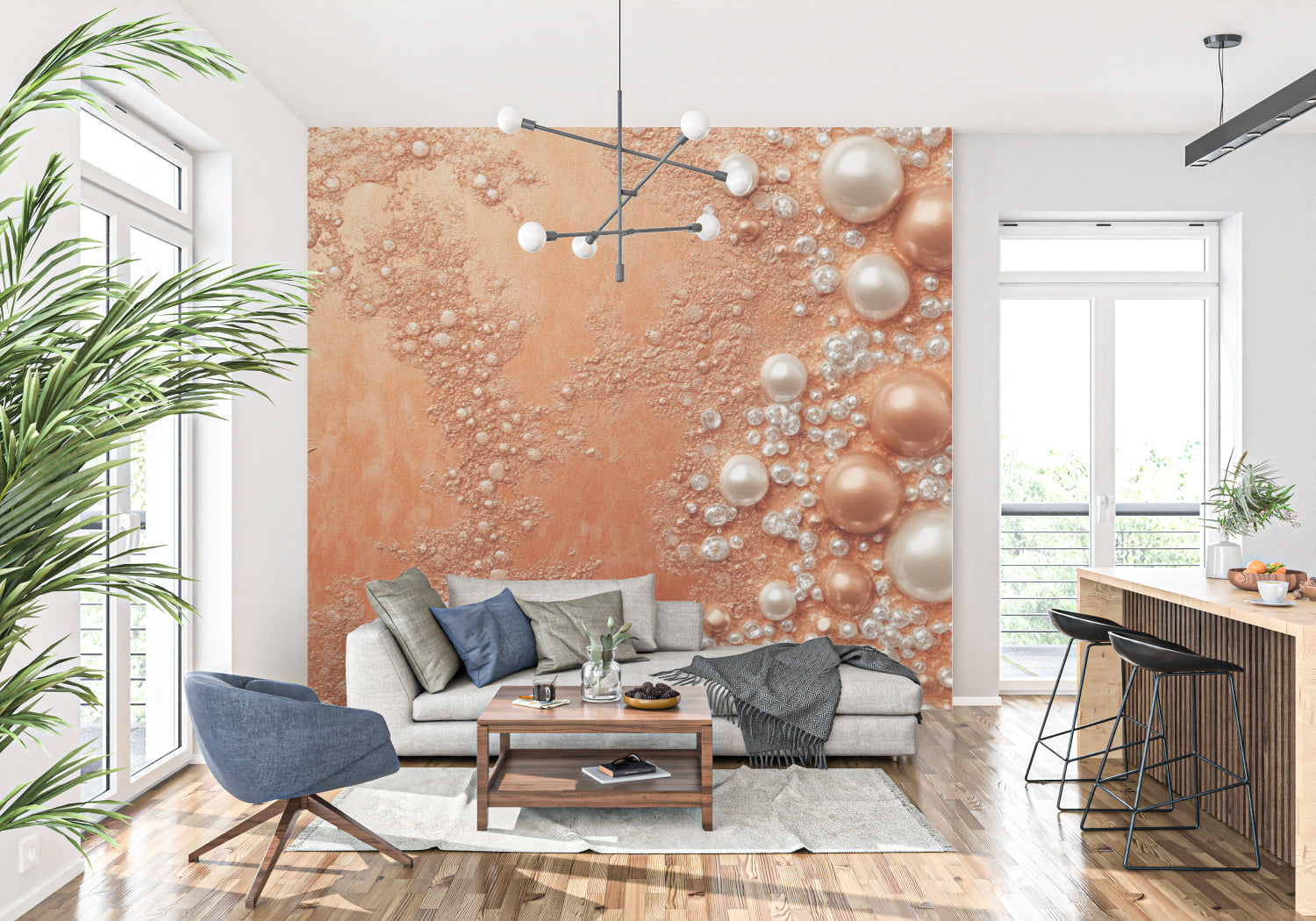 Bubble wall mural adding warmth to a master bedroom wall